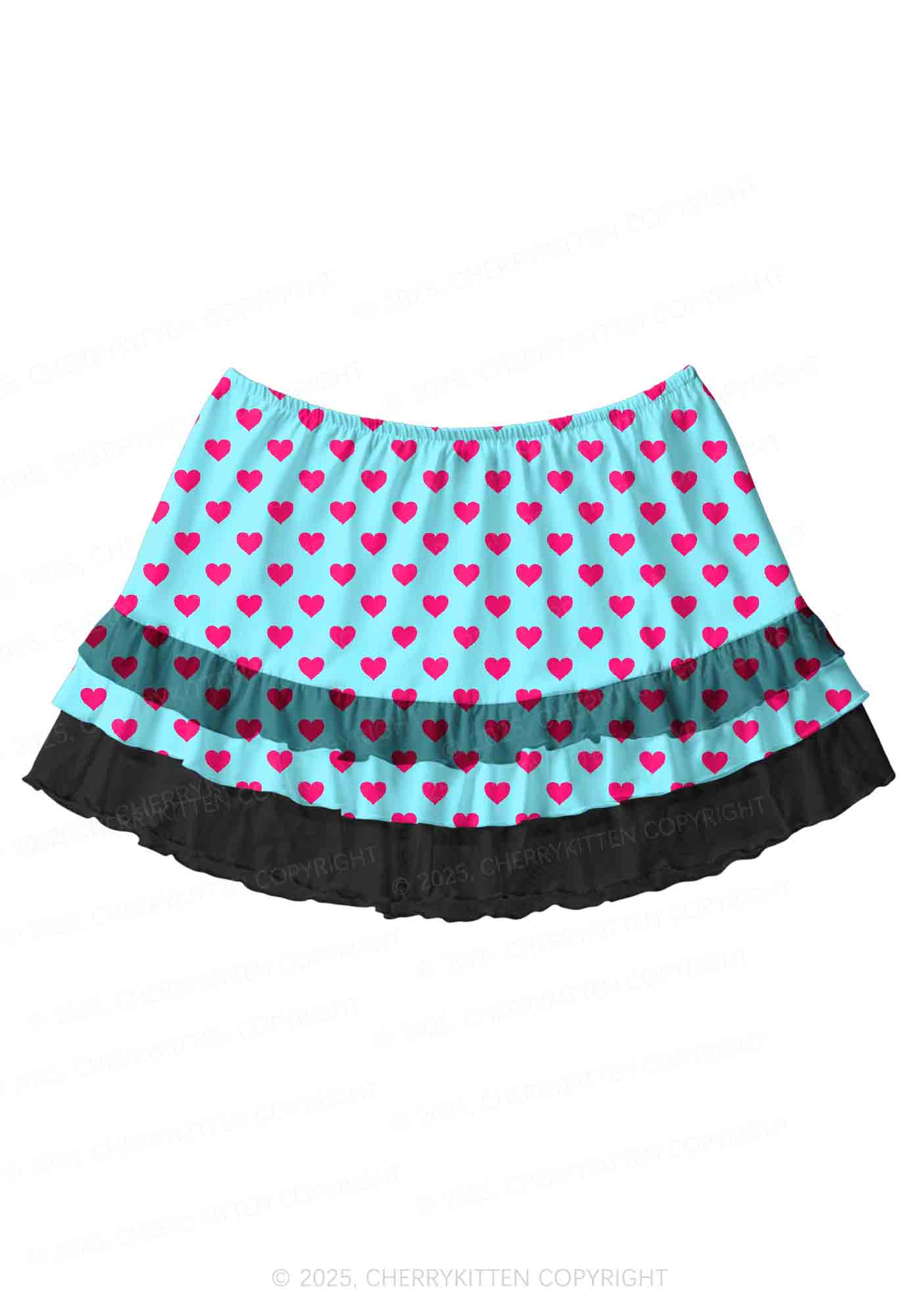 Pink Heart On Blue Valentine's Day Y2K Print Mini Layered Skirt Cherrykitten