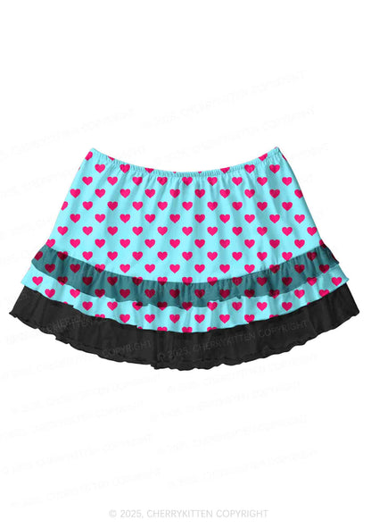 Pink Heart On Blue Valentine's Day Y2K Print Mini Layered Skirt Cherrykitten