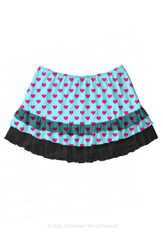 Pink Heart On Blue Valentine's Day Y2K Print Mini Layered Skirt Cherrykitten