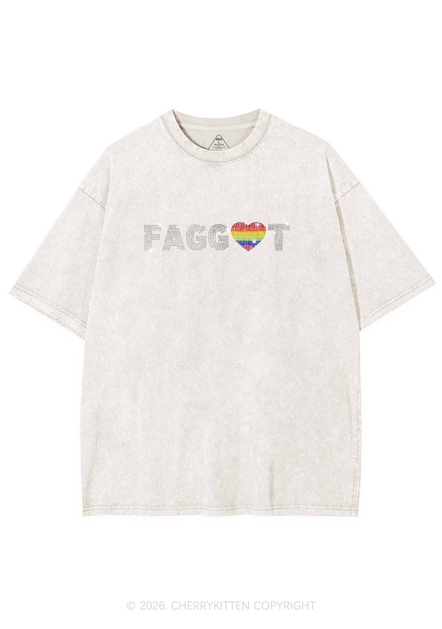 Rhinestone Rainbow Heart Faggot Pride Y2K Shirts Washed Tee Cherrykitten