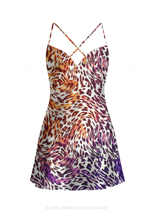 Lesbian Leopard Pride Y2K Print Satin Cowl Neck Slip Dress Cherrykitten