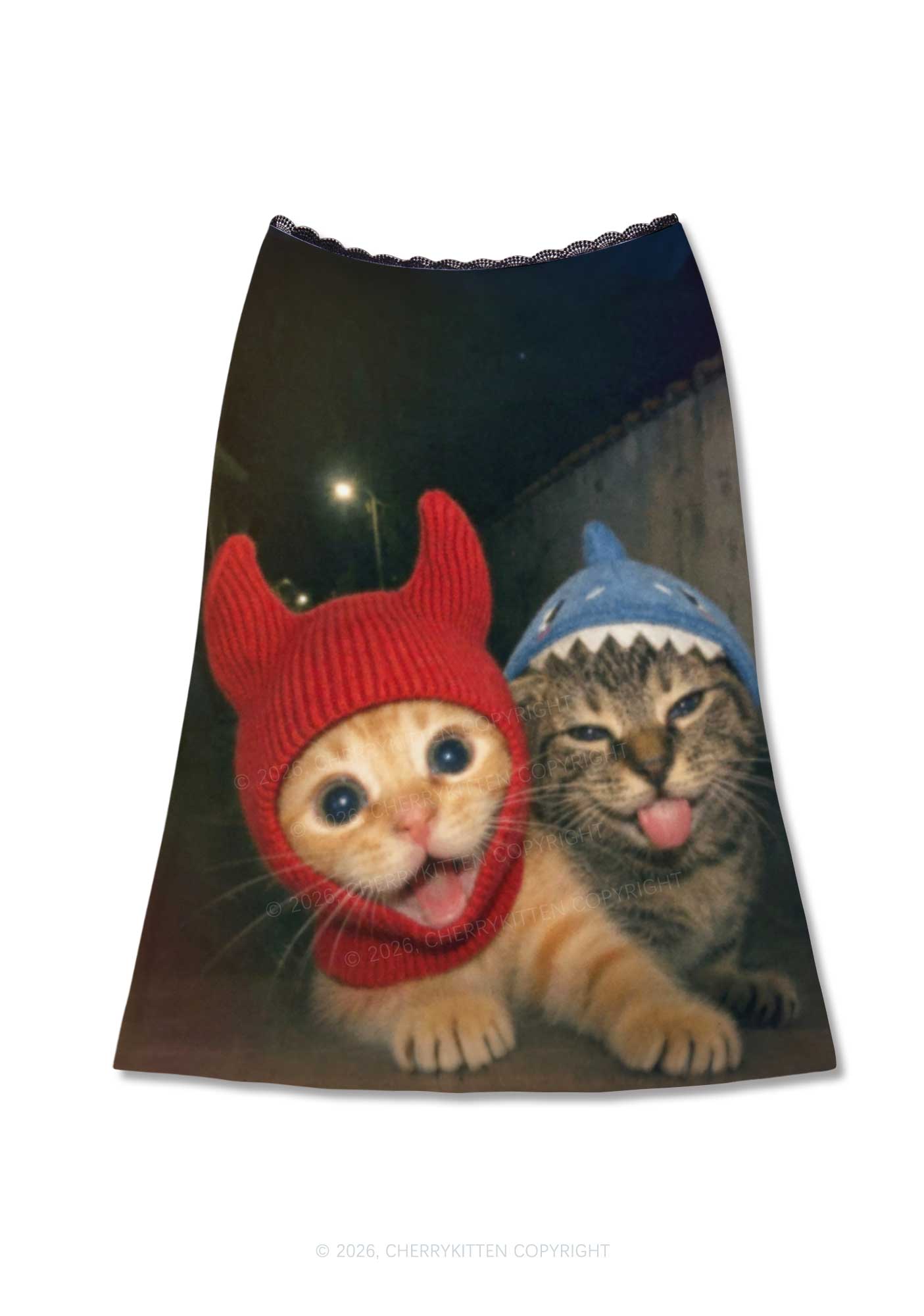 Halloween Devil Shark Hat Cat Y2K Print Midi Skirt Cherrykitten