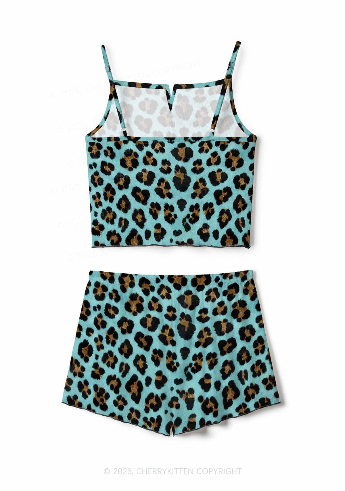 Mint Green Leopard Y2K Print Cami Shorts Pajama Set Cherrykitten