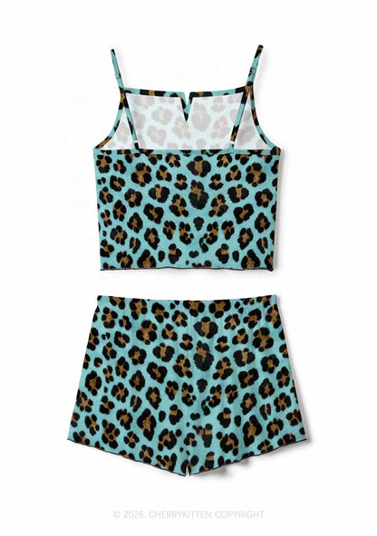 Mint Green Leopard Y2K Print Cami Shorts Pajama Set Cherrykitten