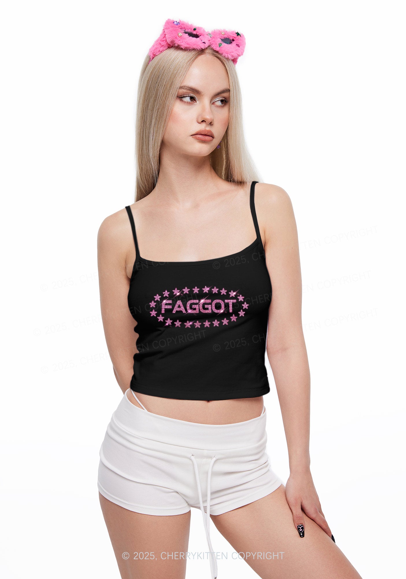 Rhinestone Pink Faggot Stars Pride Y2K Spaghetti Strap Cami Cherrykitten