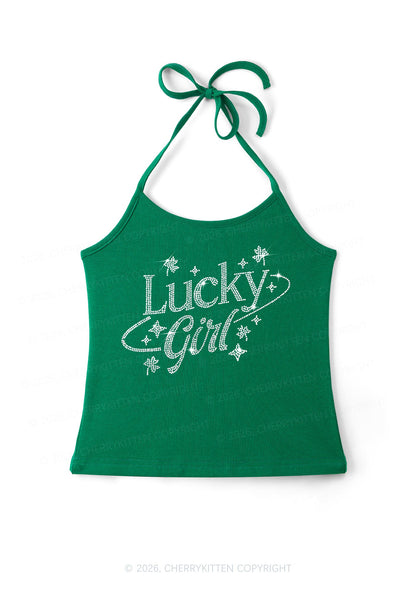 Rhinestone Lucky Girl St Patricks Y2K Halter Neck Cami Cherrykitten