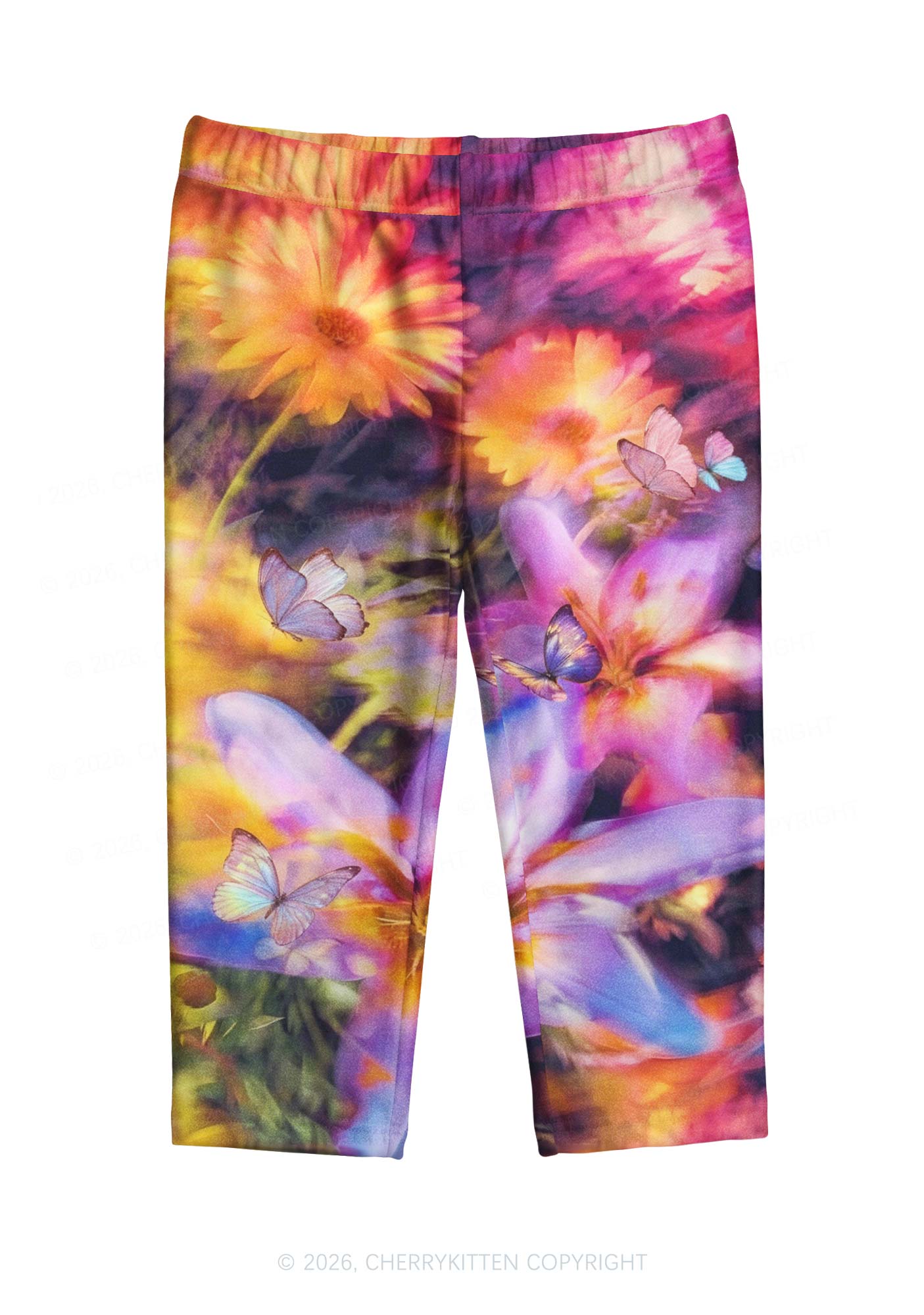 Purple Floral Butterfly Y2K Print Capri Pants Cherrykitten