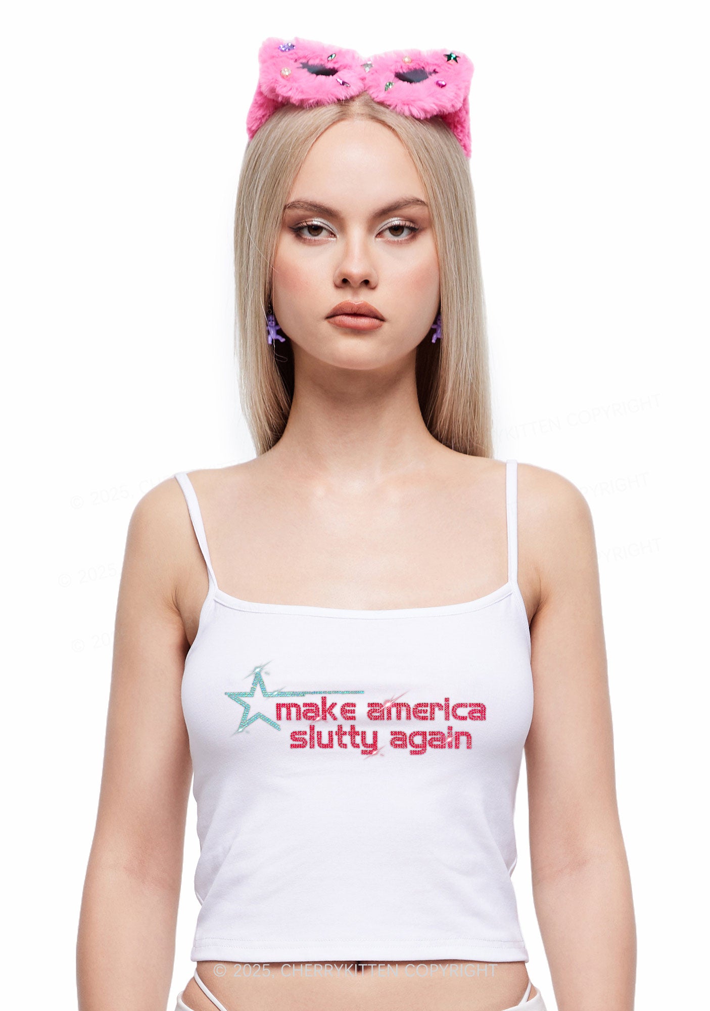 Rhinestone Make America Slxtty Again Y2K Spaghetti Strap Cami Cherrykitten