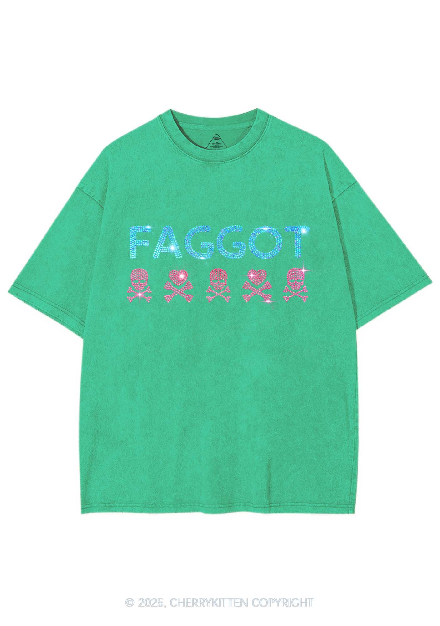 Rhinestone Faggot Skull Pride Y2K Shirts Washed Tee Cherrykitten