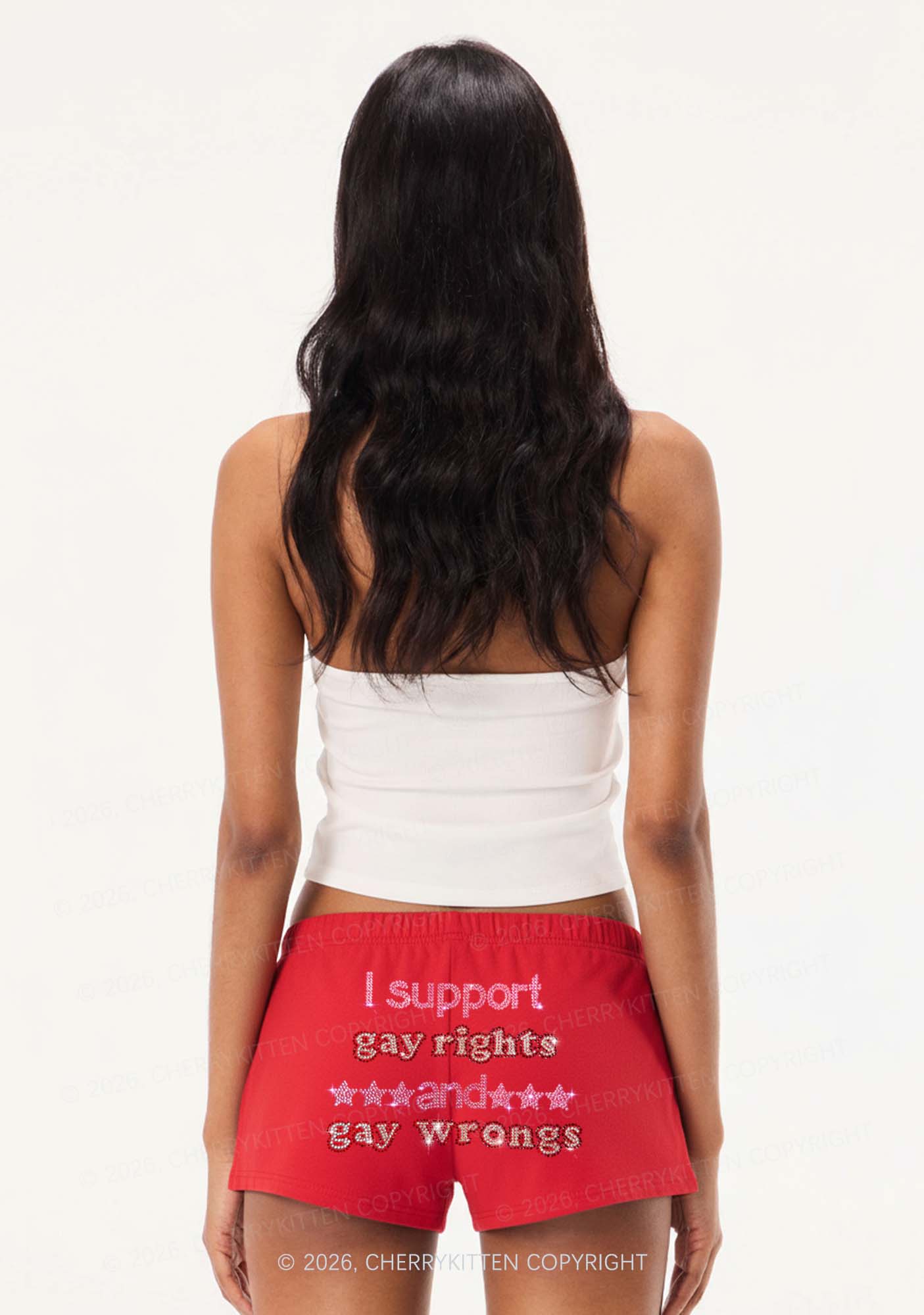 Rhinestone I Support Gay Rights Y2K Drawstring Mini Shorts Cherrykitten
