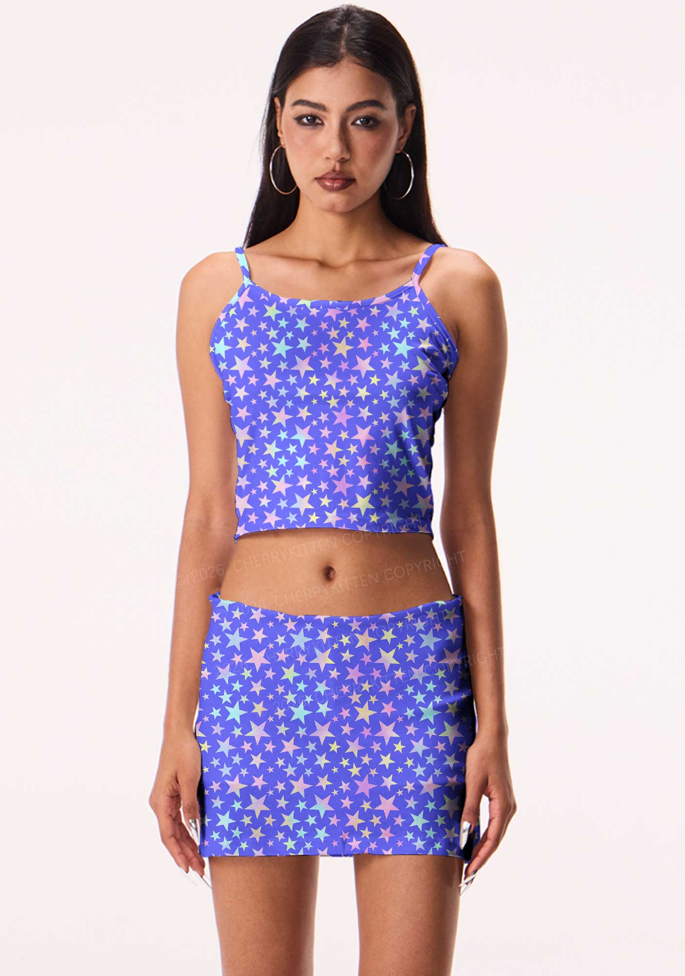 Rainbow Star On Purple Y2K Print Cami Crop Top Cherrykitten