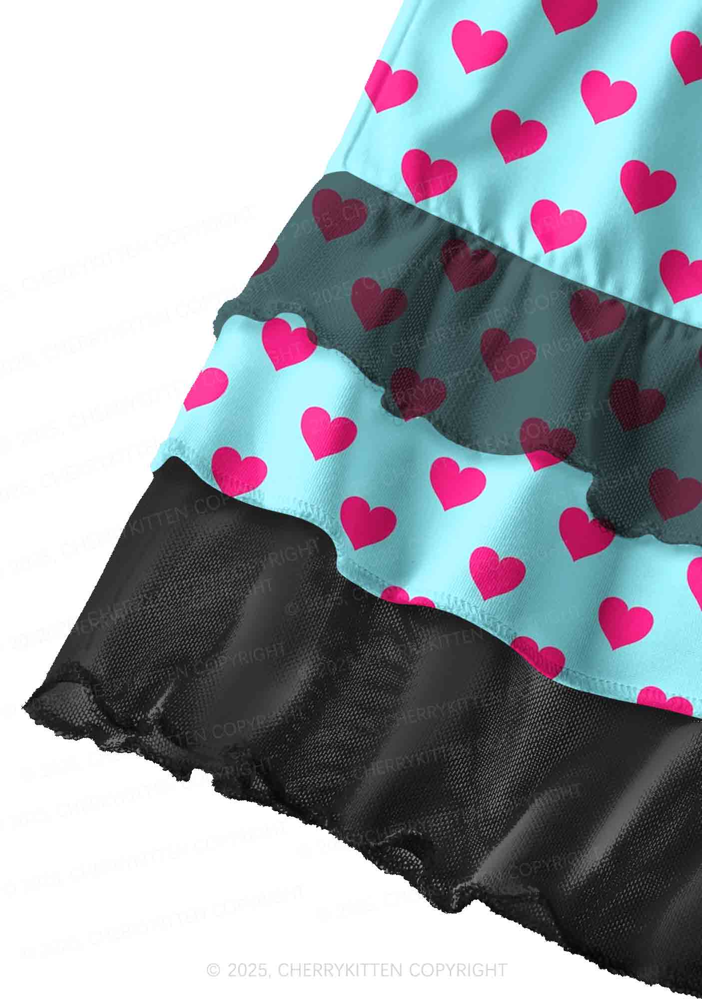 Pink Heart On Blue Valentine's Day Y2K Print Mini Layered Skirt Cherrykitten