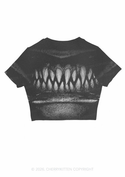 Halloween Monster Sharp Fangs Y2K Mesh Crop Top Cherrykitten