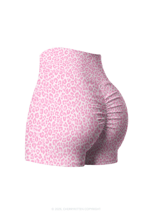 Pink Leopard Y2K Print Gym Shorts Cherrykitten
