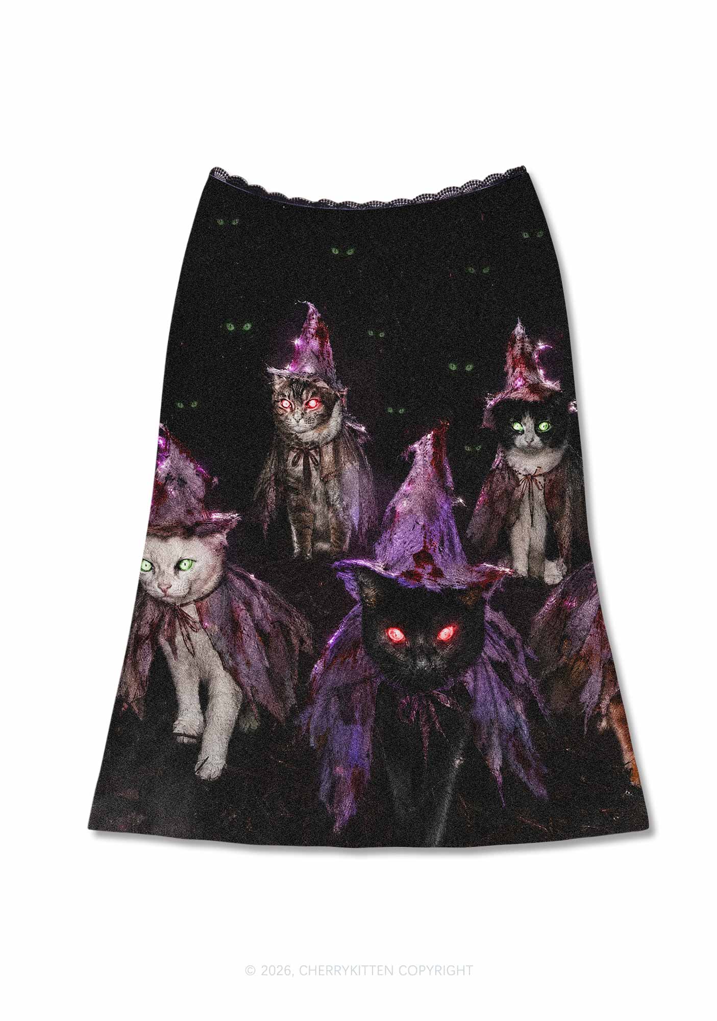 Halloween Purple Witch Hats Cat Y2K Print Midi Skirt Cherrykitten