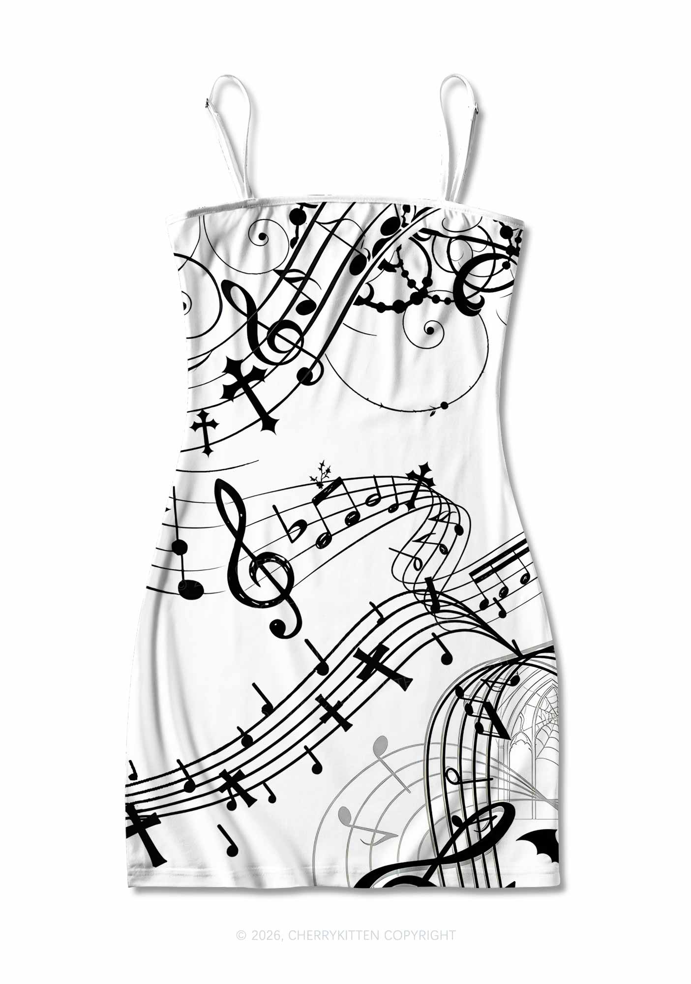 Halloween Gothic Music Note Cross Bat Y2K Print Slip Dress Cherrykitten