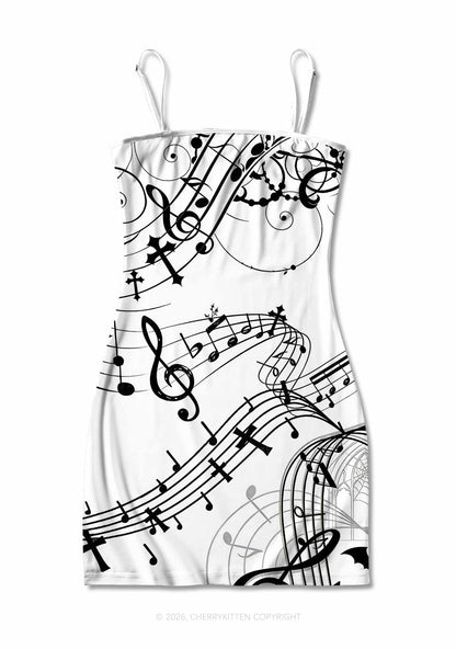 Halloween Gothic Music Note Cross Bat Y2K Print Slip Dress Cherrykitten