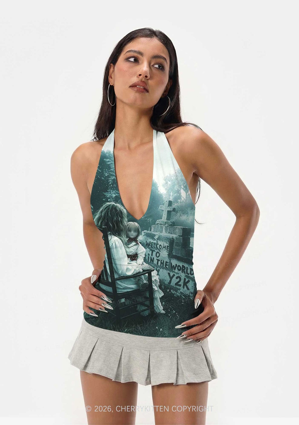 Halloween Graveyard Doll Y2K Print Halter Deep V Neck Cami Cherrykitten