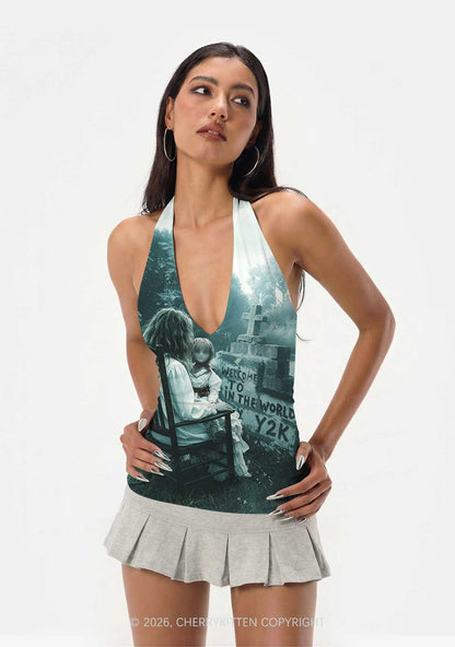 Halloween Graveyard Doll Y2K Print Halter Deep V Neck Cami Cherrykitten