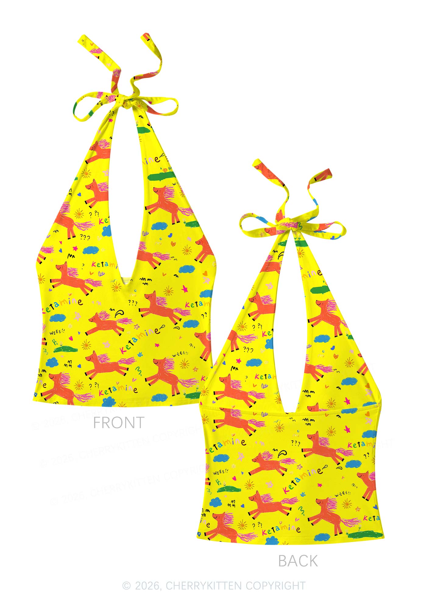 Orange Pony On Yellow Y2K Print Halter Deep V Neck Cami Cherrykitten