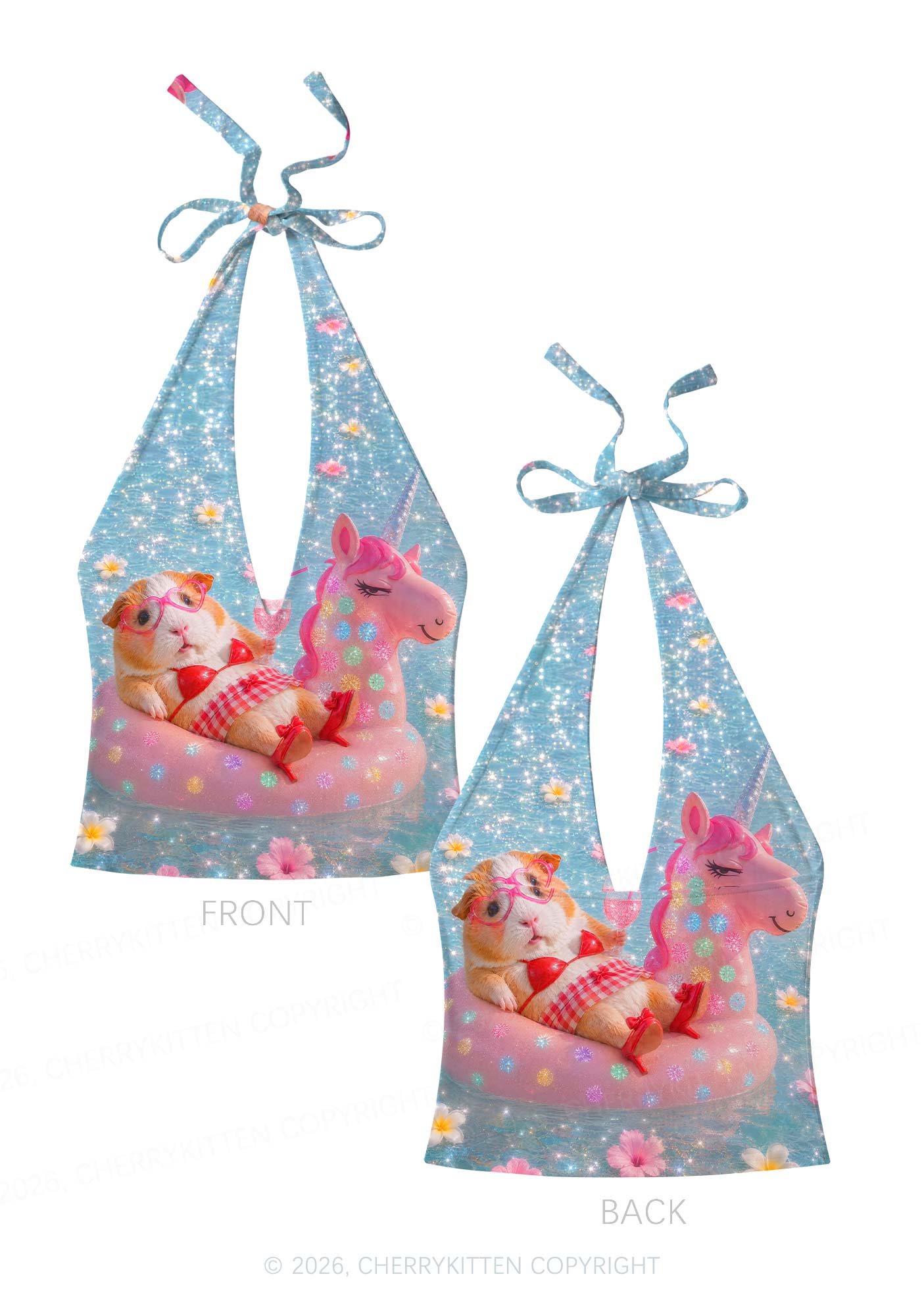 Guinea Pig On Unicorn Y2K Print Halter Deep V Neck Cami Cherrykitten