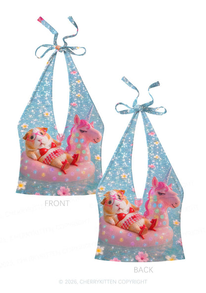 Guinea Pig On Unicorn Y2K Print Halter Deep V Neck Cami Cherrykitten