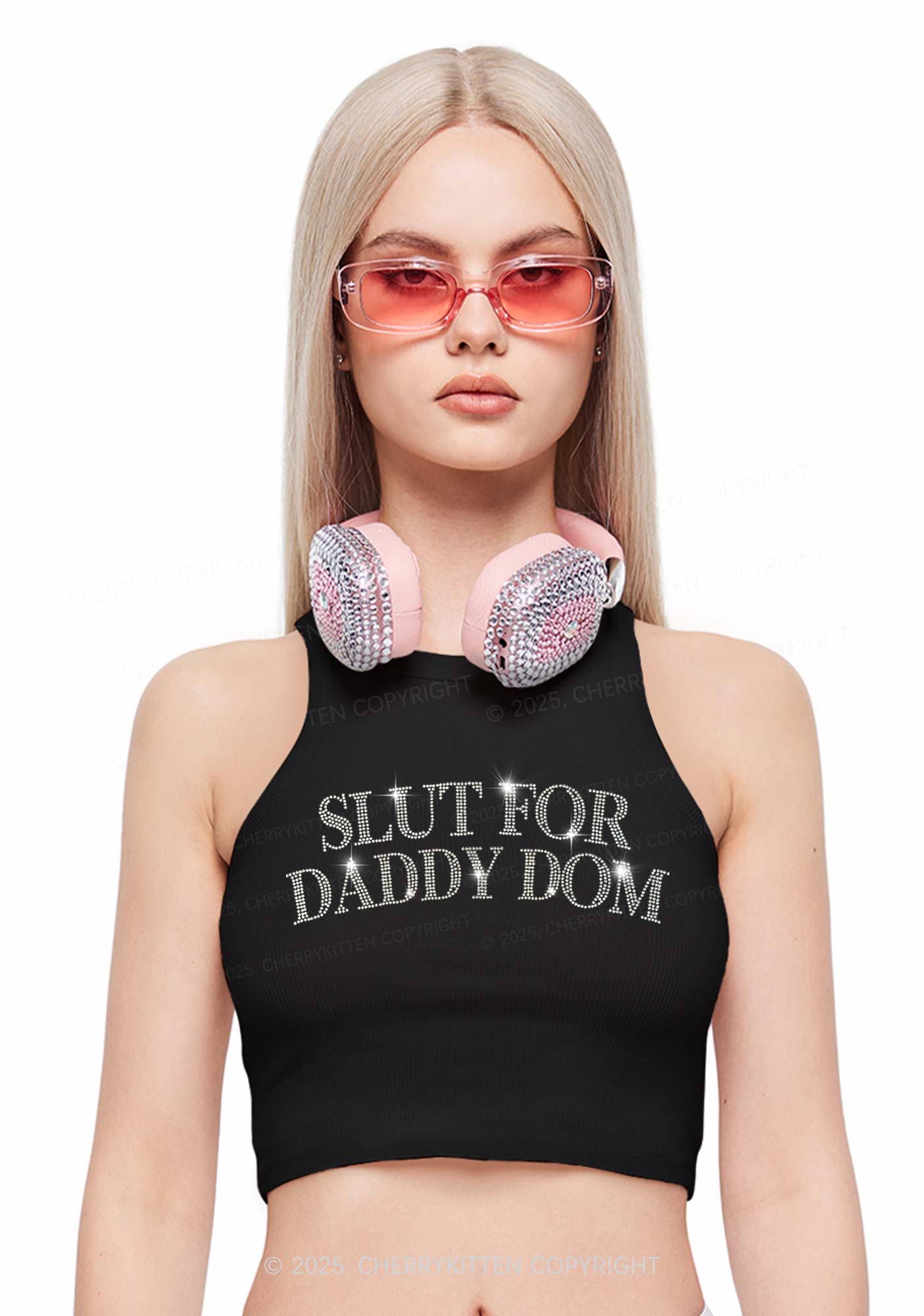 Rhinestone Slxt For Daddy Dom Y2K Crop Tank Top Cherrykitten