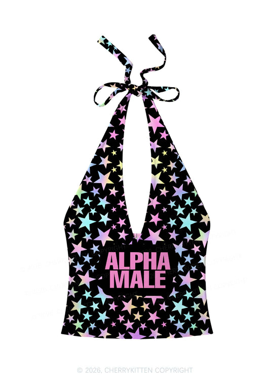 Black Alpha Male Pride Y2K Print Halter Deep V Neck Cami Cherrykitten