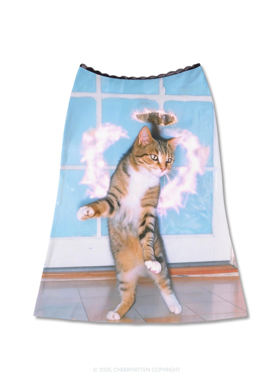 Disco Cat Y2K Print Midi Skirt Cherrykitten