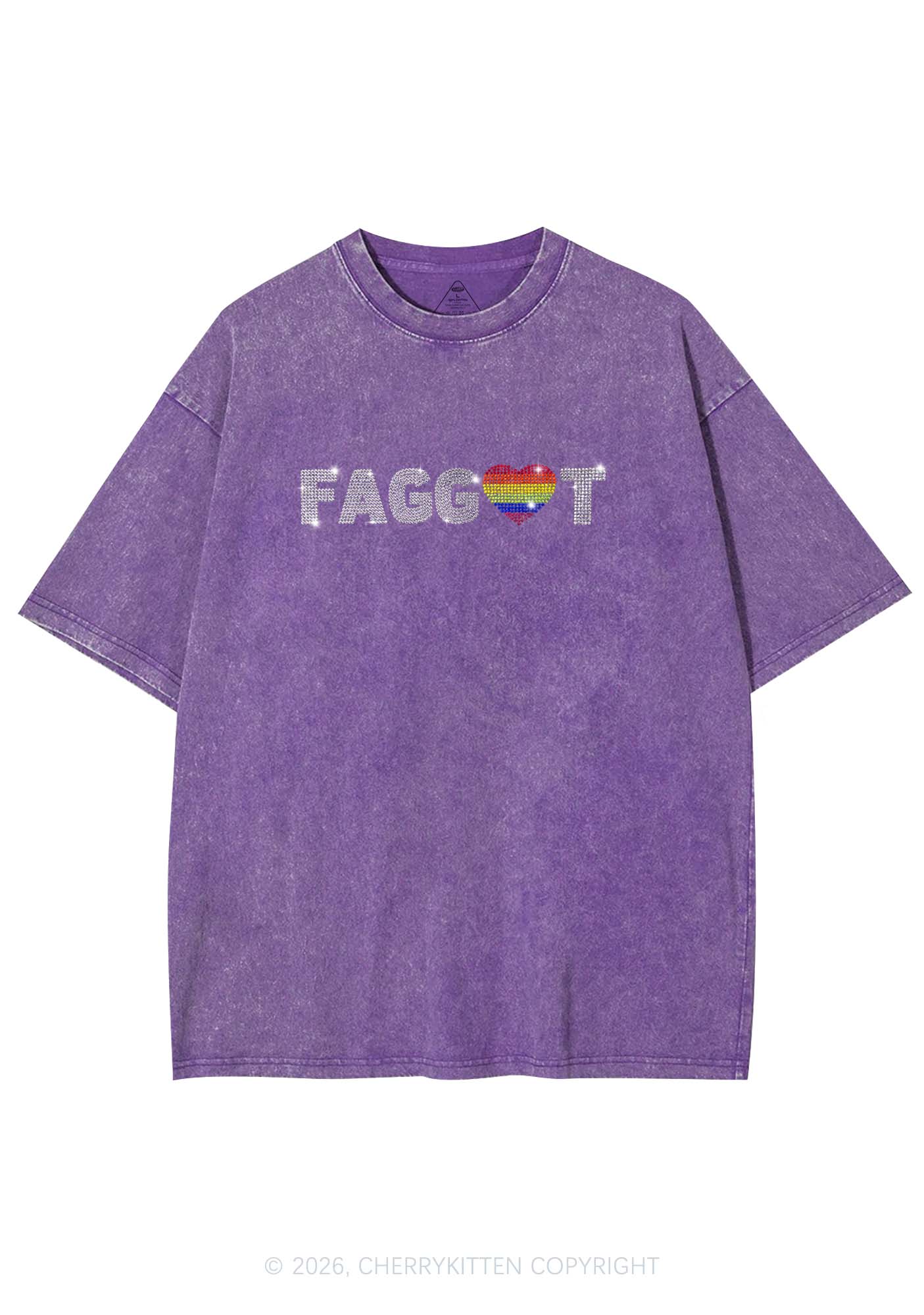 Rhinestone Rainbow Heart Faggot Pride Y2K Shirts Washed Tee Cherrykitten