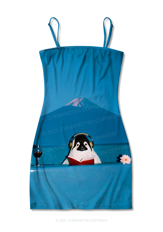 Penguin Reading Book Y2K Print Slip Dress Cherrykitten