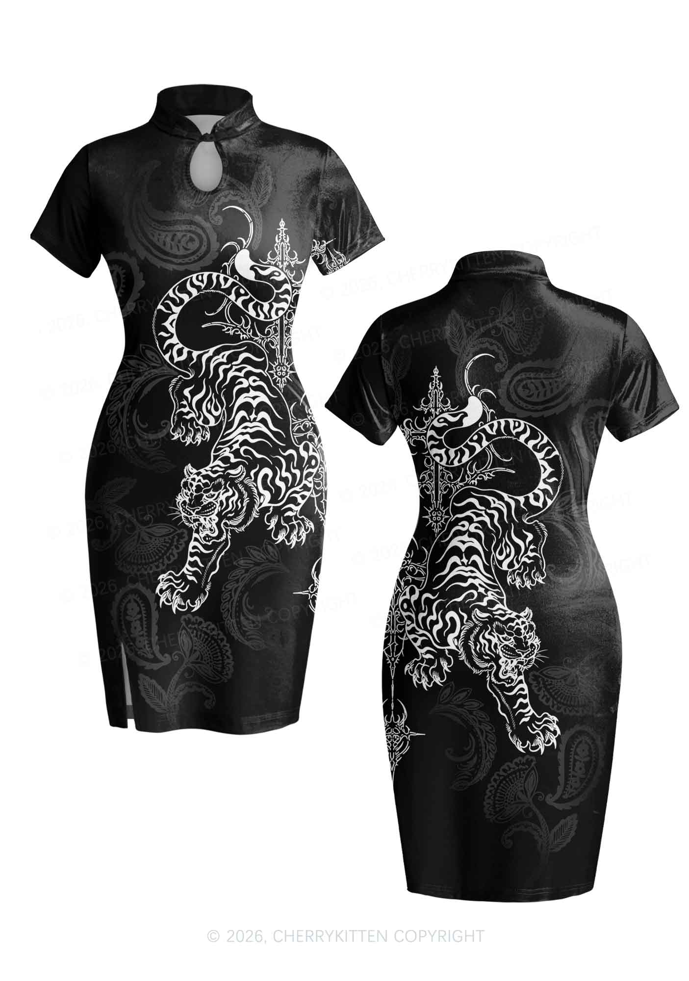 Halloween White Tiger On Black Y2K Cheongsam Mini Dress Cherrykitten