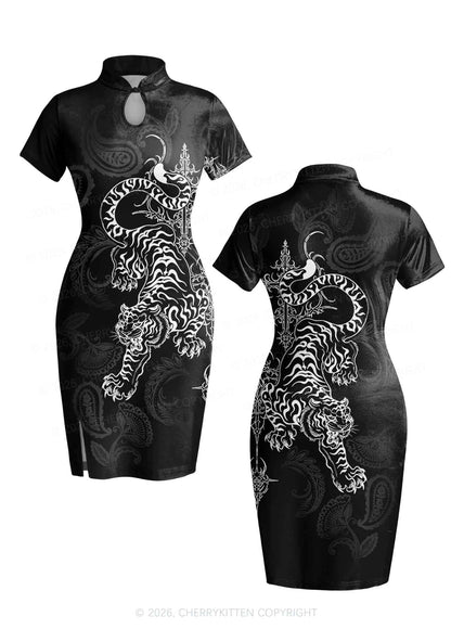 Halloween White Tiger On Black Y2K Cheongsam Mini Dress Cherrykitten