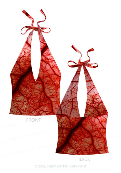 Halloween Red Blood Vessel Y2K Print Halter Deep V Neck Cami Cherrykitten