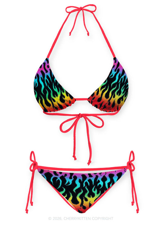 Rainbow Flame Pride Y2K Print Bikini Set Cherrykitten