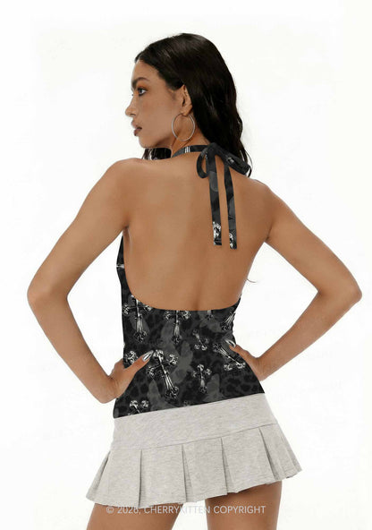 Halloween Gothic Cross Moth Leopard Y2K Print Halter Deep V Neck Cami Cherrykitten