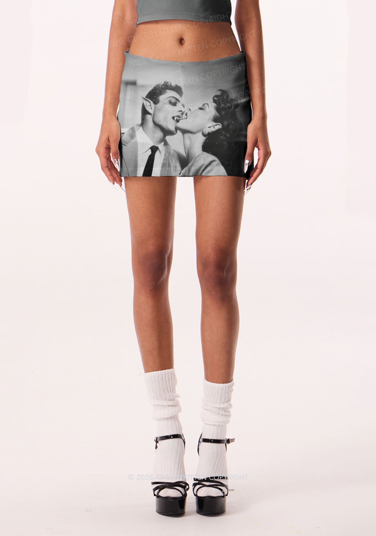 Halloween Vampire Couple Y2K Print Mini Skirt Cherrykitten
