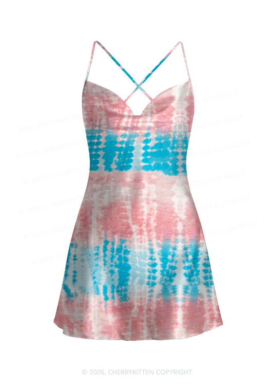 Tie Dye Trans Pride Y2K Print Satin Cowl Neck Slip Dress Cherrykitten