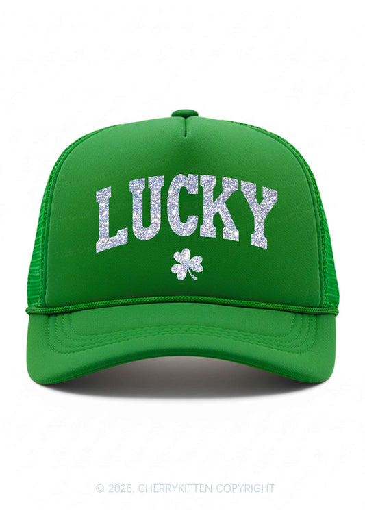 Glitter Lucky Shamrock St Patricks Y2K Trucker Hat Cherrykitten