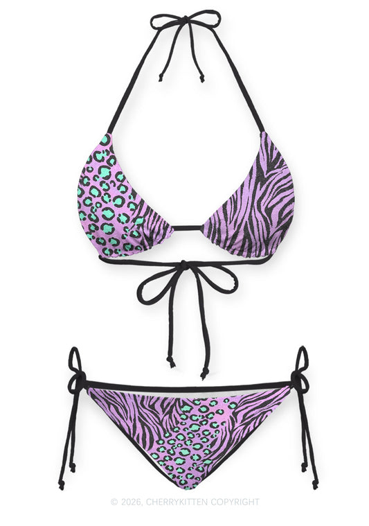 Purple Mixed Zebra Leopard Y2K Print Bikini Set Cherrykitten