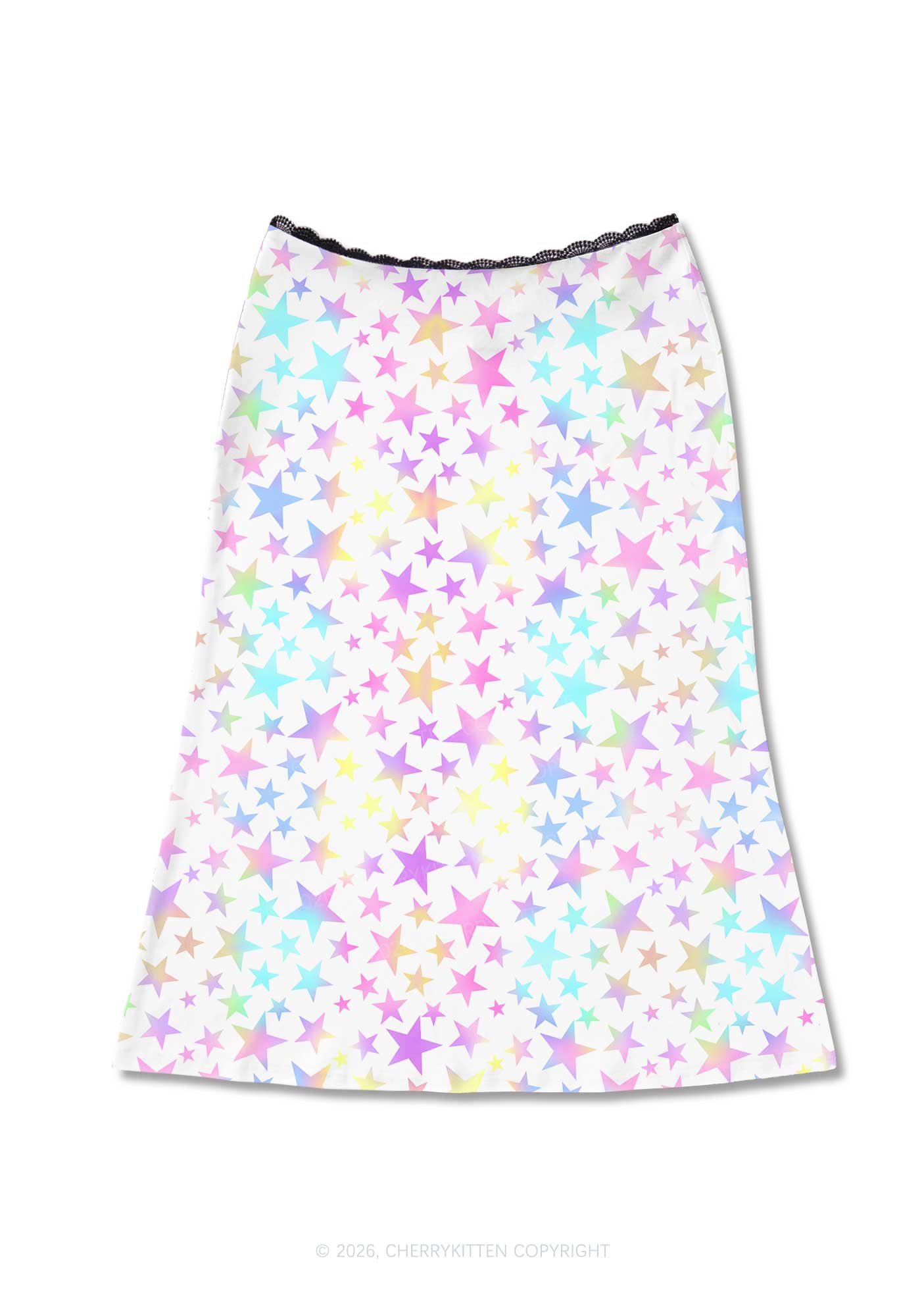 Rainbow Star On White Y2K Print Midi Skirt Cherrykitten