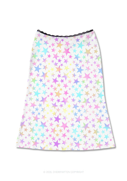 Rainbow Star On White Y2K Print Midi Skirt Cherrykitten