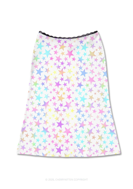 Rainbow Star On White Y2K Print Midi Skirt Cherrykitten