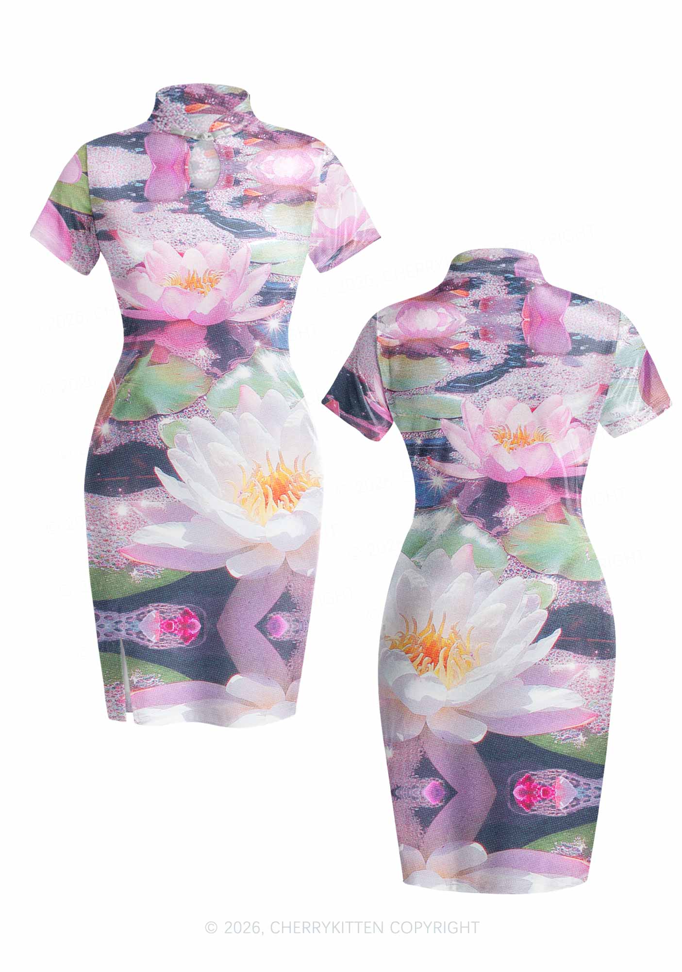 Glitter Lotus Y2K Cheongsam Mini Dress Cherrykitten