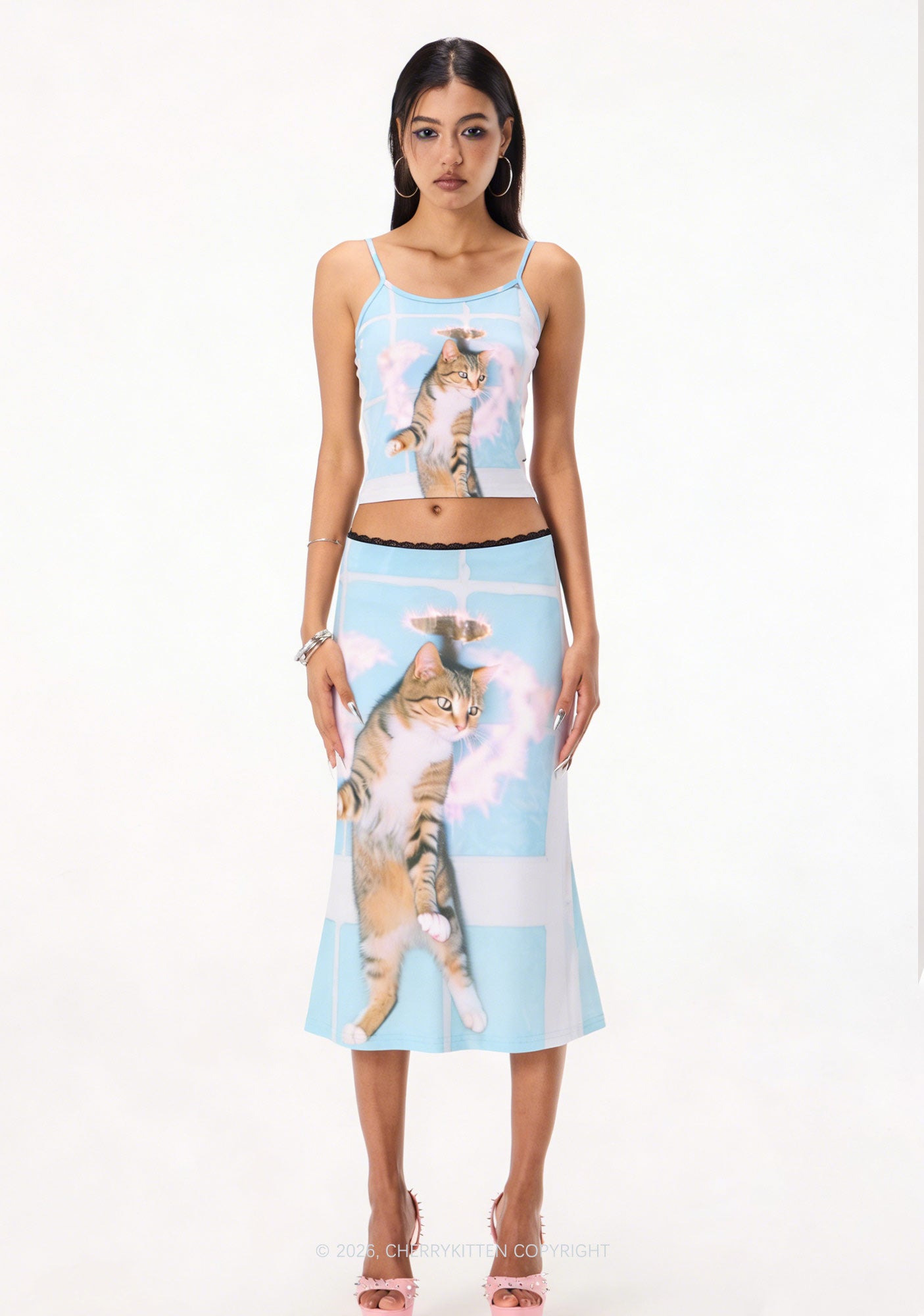 Disco Cat Y2K Print Midi Skirt Cherrykitten