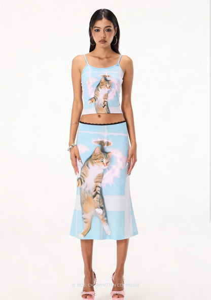 Disco Cat Y2K Print Midi Skirt Cherrykitten