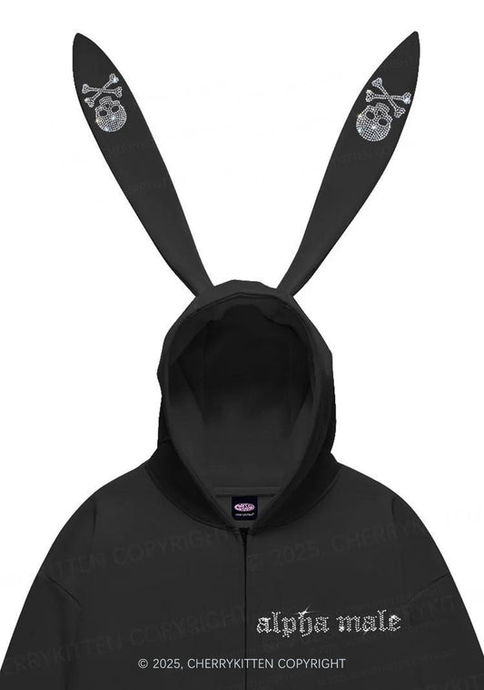 Rhinestone Alpha Male Skull Y2K Bunny Ear Zip Hoodie Cherrykitten