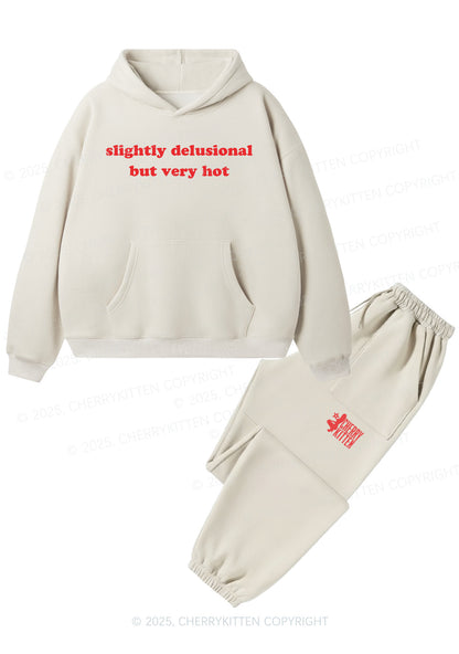 Slightly Delusional But Very Hot Y2K Fleece Hoodie Set Cherrykitten