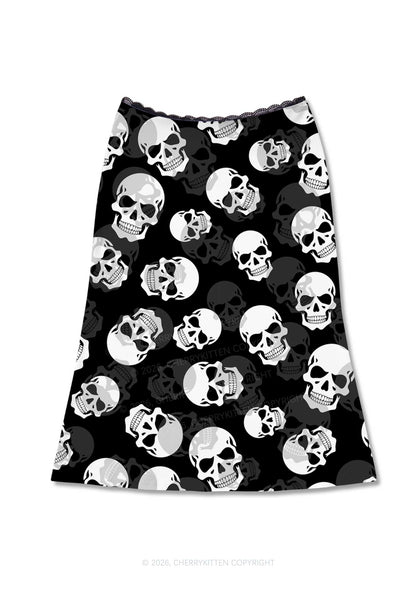 Halloween White Skull On Black Y2K Print Midi Skirt Cherrykitten