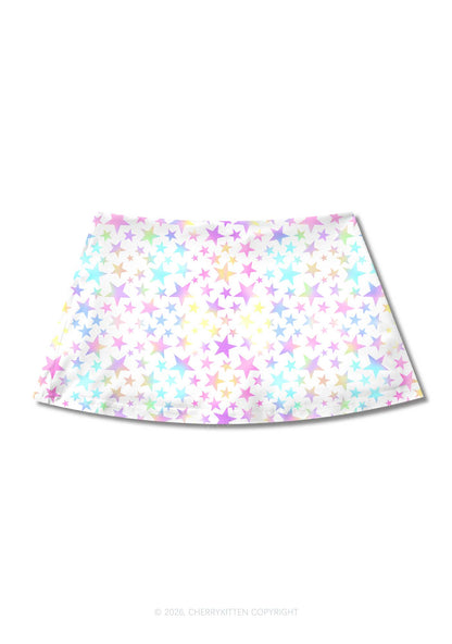 Rainbow Star On White Y2K Print Mini Skirt Cherrykitten